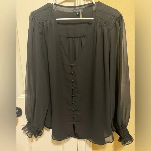 1. State Black Long Sleeve Smocked Detail Button Down Blouse Sz XXL - Picture 2 of 9